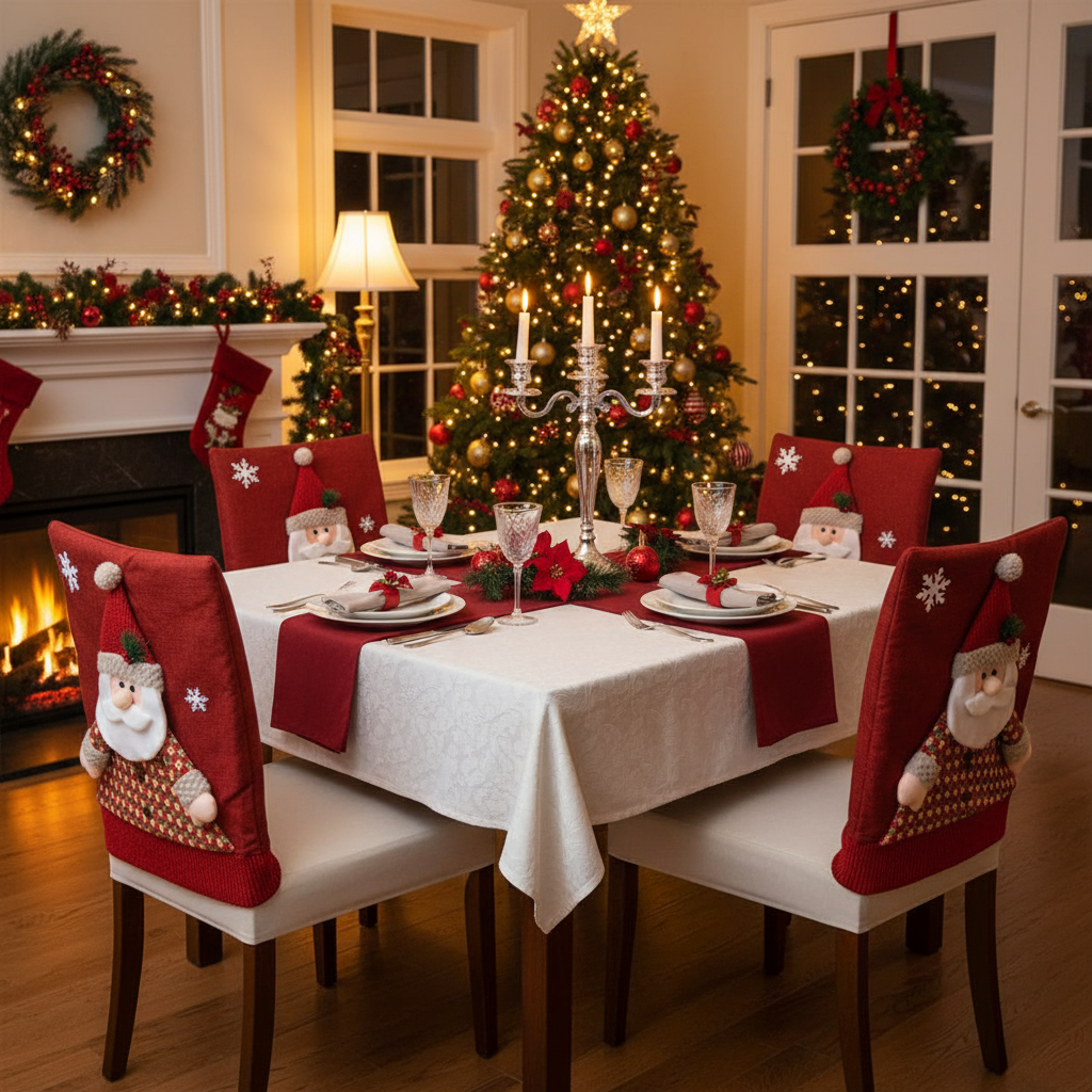 Fundas de Sillas Navideñas Rojas – Santa Claus y Muñeco de Nieve